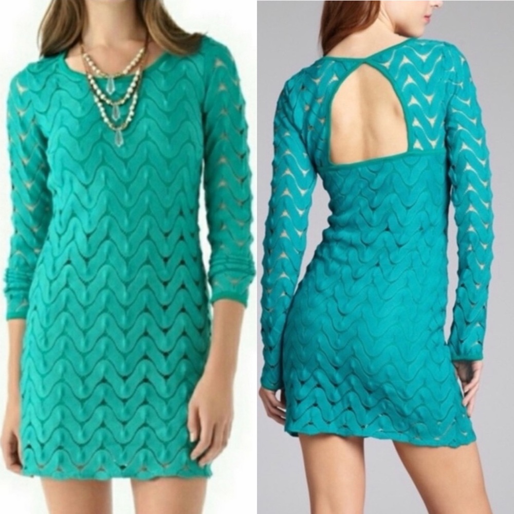 Free People Wild Thing Emerald Green Crochet Open Back Mini Dress Size Small